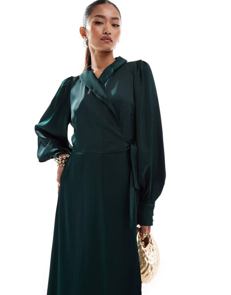 Vila Bridesmaid satin wrap maxi dress in green