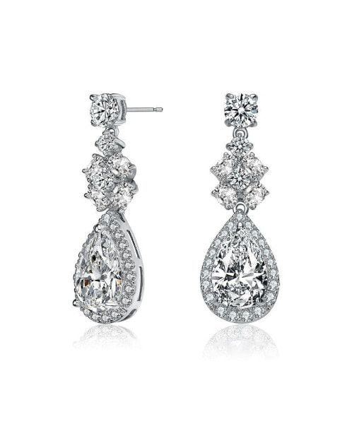 Elegant Sterling Silver White Gold-Plated Clear Cubic Zirconia Drop Earrings