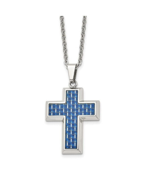 Blue Carbon Fiber Inlay Cross Pendant Cable Chain Necklace