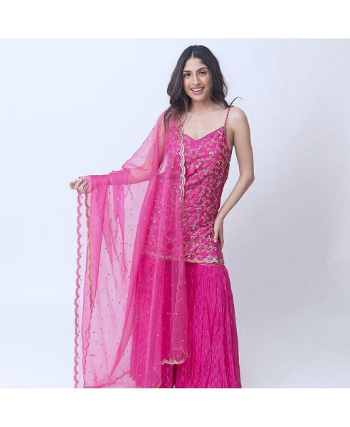 Women's Pink Sharara Suit with Golden Hand Embroidered Kurta