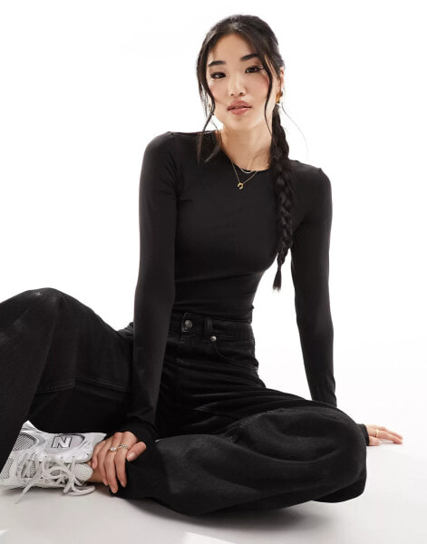 Weekday Fine long sleeve top in black