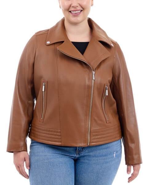 Plus Size Asymmetric Leather Moto Coat