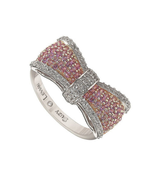 Pink Sapphire & Lab-Grown White Sapphire Pave Puff Bow Band Ring in Sterling Silver by Suzy Levian