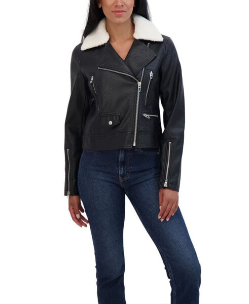 Women's Sebby Collections Faux Leather Moto Jacket With Detachable Faux Fur Collar