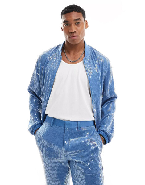 ASOS DESIGN smart co-rd 80s sequin bomber jacket in blue