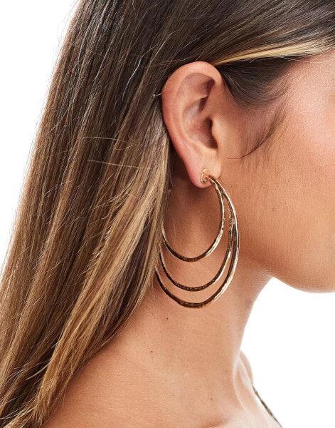 ASOS DESIGN hoop earrings with hammered multi ring detail in gold tone