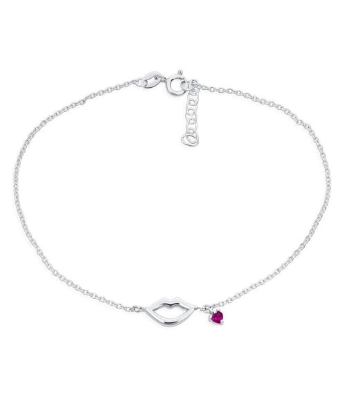 Lover Sexy Kissing Lip Red Heart CZ Charm Anklet Link Ankle Bracelet For Women For Sterling Silver 9-10 Inch Adjustable