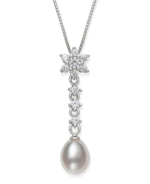 Cultured Freshwater Pearl 7-8mm and Cubic Zirconia Drop Pendant in Sterling Silver with 18" Chain