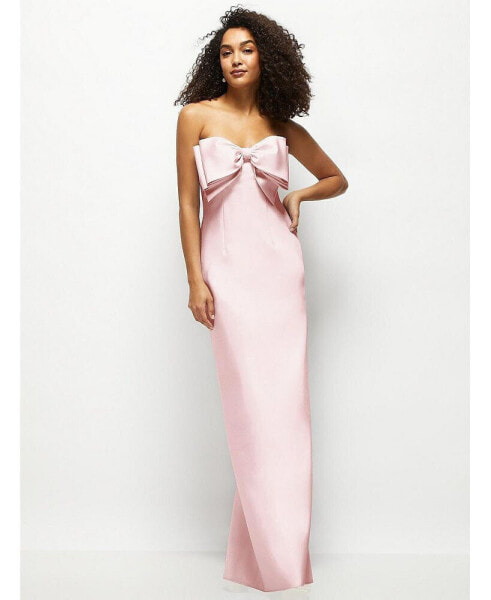 Women's Strapless Satin Column Maxi Dress with Over d Handcrafted Bow