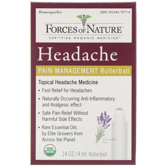 Мазь от боли в мышцах и суставах Forces Of Nature Headache Roll-On, Органическая растительная медицина, 4 мл