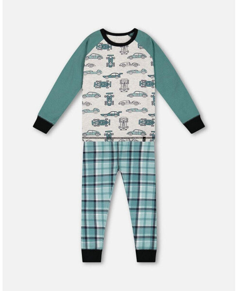 Toddler Boys Organic Cotton Two Piece Pajama Set Green Printed Cars