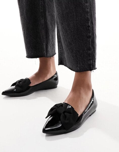 ASOS DESIGN Lake bow pointed ballet flats in black