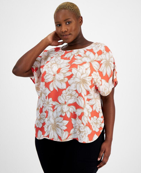 Plus Size Printed Boat-Neck Short-Sleeve Top, Created for Macy's