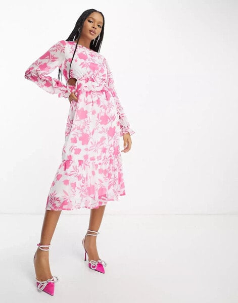 In The Style chiffon side cut out midi dress in white and pink floral