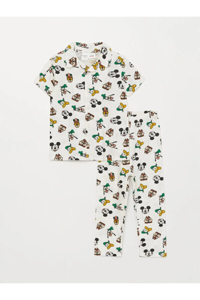 Polo Yaka Kısa Kollu Mickey Mouse Baskılı Erkek Bebek Pijama Takımı