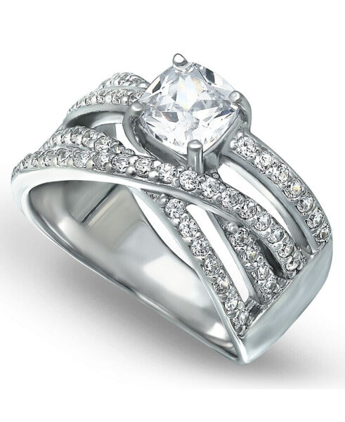Cubic Zirconia Intertwined Band with Cushion Prong Center Ring in Silver Plate