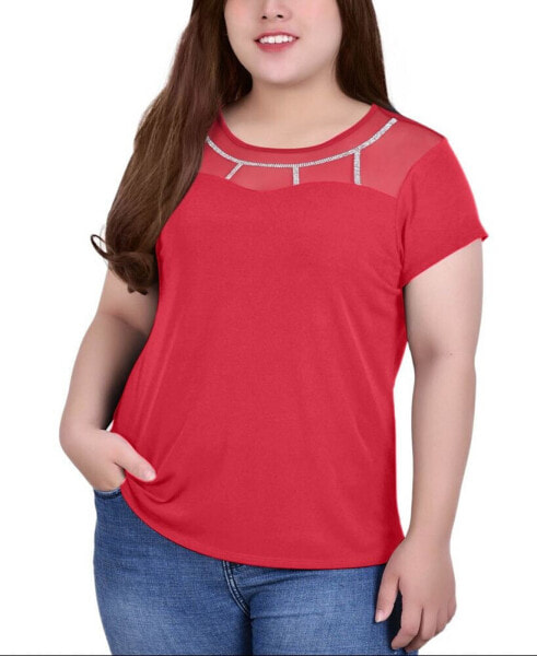 Plus Size Short Sleeve Knit Top with Mesh Yoke and Stone Detail