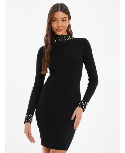 Women's Knit Pearl Detail Long Sleeve Sweater Dress