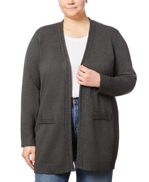 Plus Size Cable-Knit-Trim Open-Front Cardigan