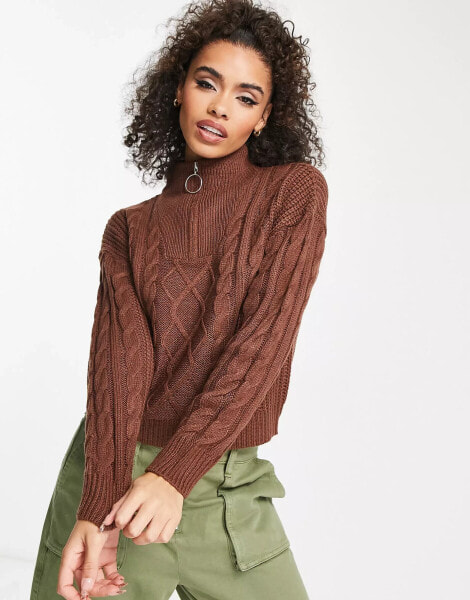 Brave Soul tanya half zip cable knit jumper in brown