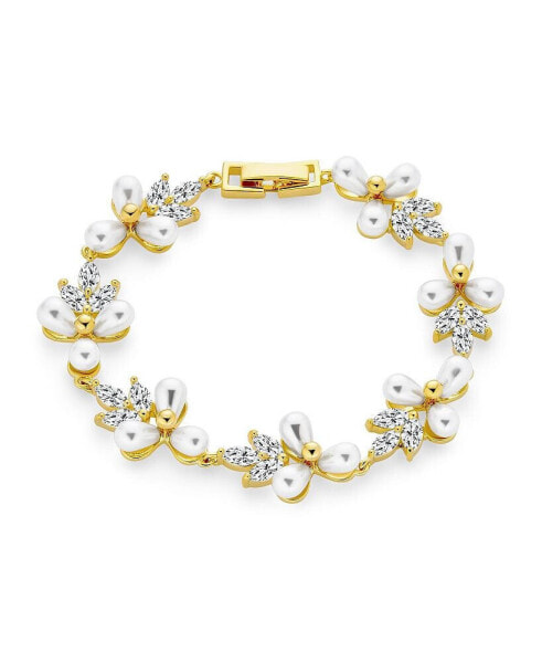 Multi Flowers CZ Leaf White Freshwater Cultured Pearl Bracelet For Women 18K Gold Plated 7 Inch