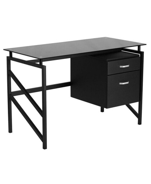 Two Drawer Pedestal Desk With Tempered Glass Top And Metal Frame