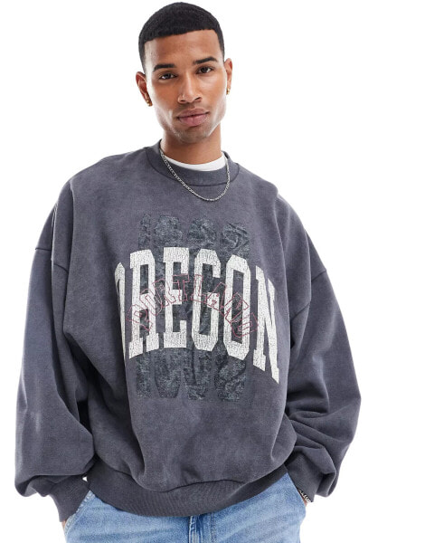 ASOS DESIGN extreme oversized sweatshirt with text print in washed charcoal