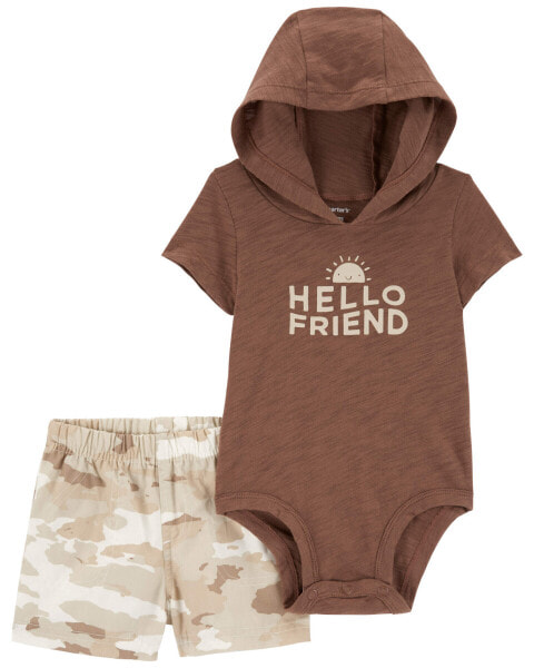 Baby 2-Piece Hello Friend Hooded Bodysuit & Camo Short Set 12M