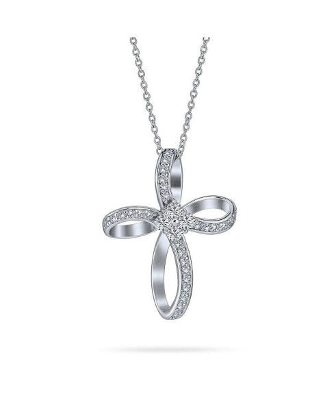 Bling Jewelry ribbon Twist Open Religious Infinity Cross Pendant Necklace For Women Teens Pave CZ Cubic Zirconia .925 Sterling Silver 1.25 Inch