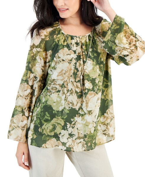 Claudette Rose-Print Tiered-Sleeve Necklace Top, Created for Macy's