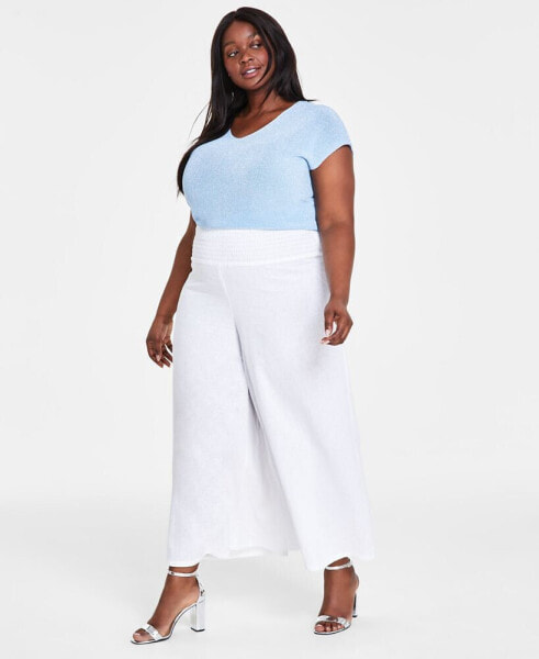 Plus Size Linen Blend Cropped Wide Leg Smock Waist Pants