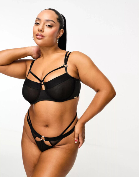 We Are We Wear Curve mesh and velvet mix strappy thong in black