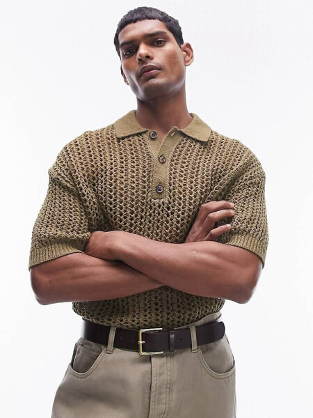 Topman open knit crochet polo in khaki