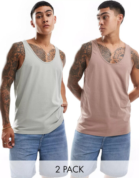 ASOS DESIGN 2 pack vests in washed green and brown