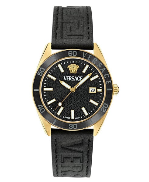 Men's Swiss Black Leather Strap Watch 42mm