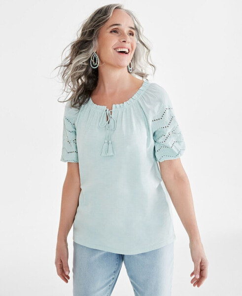 Petite Embroidered Knit Split-Neck Top, Created for Macy's