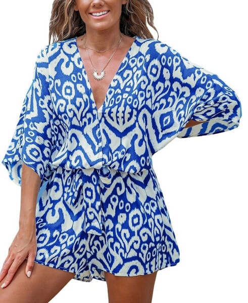 Women's Blue Abstract V-Neck Wide Leg Romper