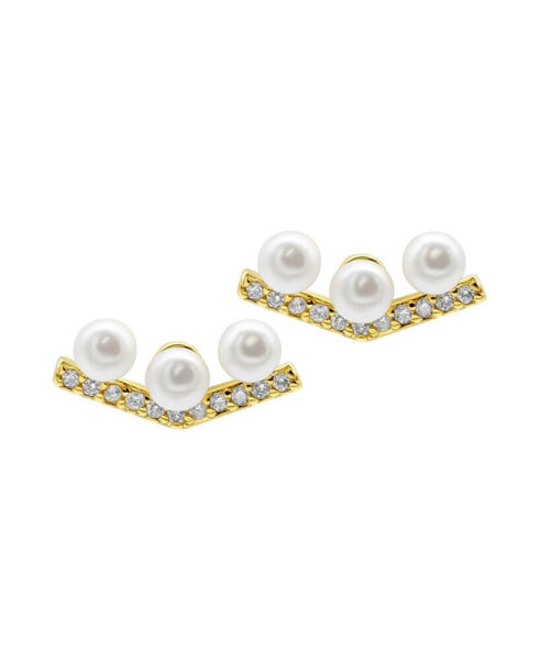 14K Gold-Plated Crystal Imitation Pearl Bar V-Earrings