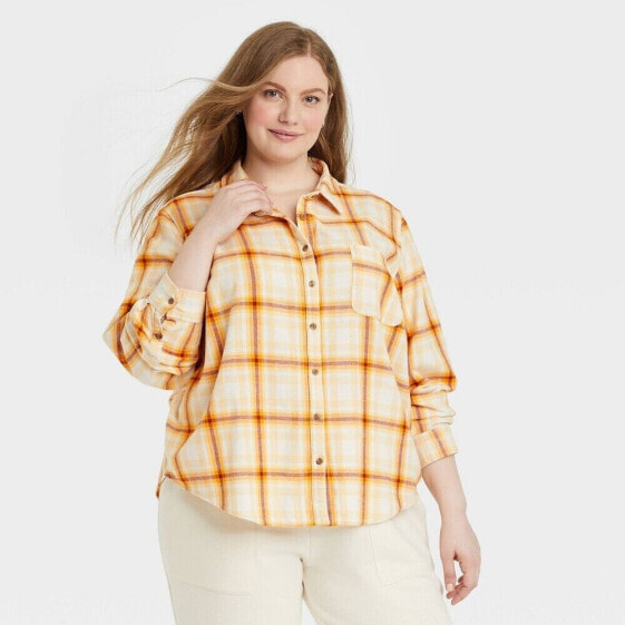 Women Plus 4X Long Sleeve Flannel Button-Down Shirt Top Universal Thread Yellow