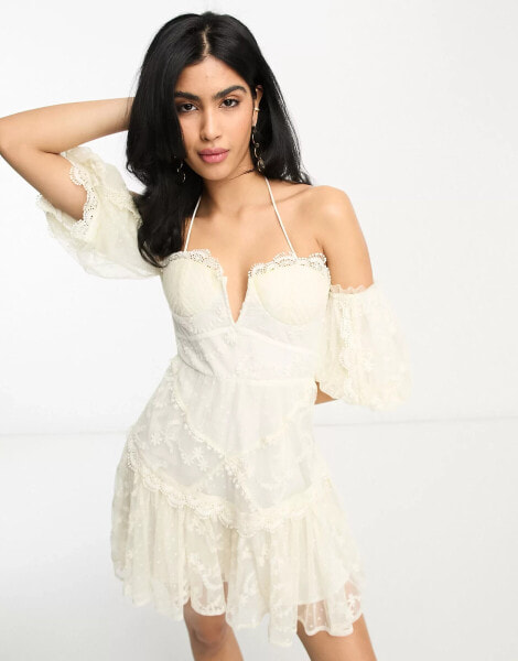 ASOS DESIGN embroidered bardot cupped mini dress with pephem in ivory