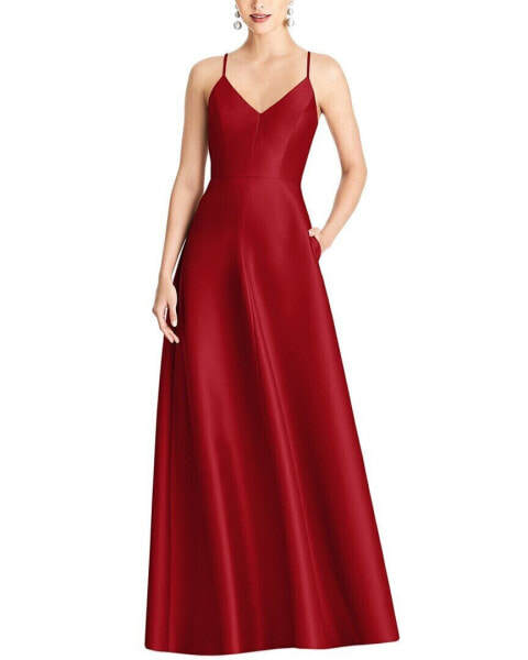 Alfred Sung V-Neck Full Skirt Satin Maxi Dress Women's