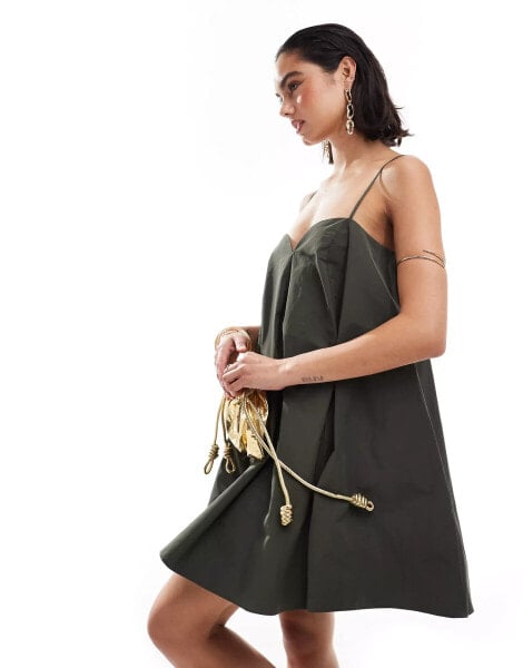 ASOS DESIGN trapeze cami taffeta mini dress in khaki