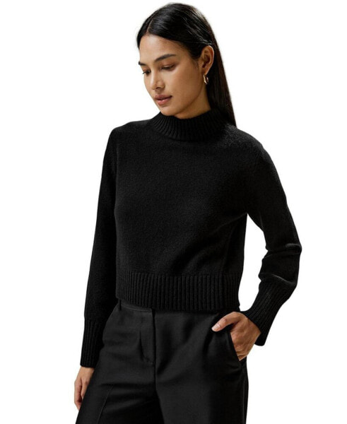 Women's Ribbed Collar and Hemline Wool Cashmere Sweater for Women