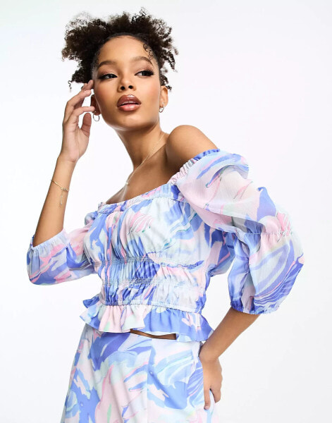 French Connection gathered mesh crop top in marble co-ord