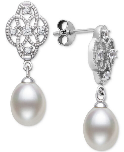 Cultured Freshwater Pearl (7-8mm) & Lab-Created White Sapphire (1/6 ct. t.w.) Drop Earrings in Sterling Silver