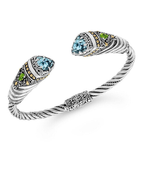 Blue Topaz, Peridot Bali Filigree Cuff Bracelet in Sterling Silver and 18K Gold