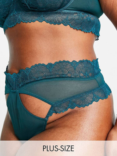 Wolf & Whistle Exclusive Curve lace trim mesh high waist cut out thong in teal