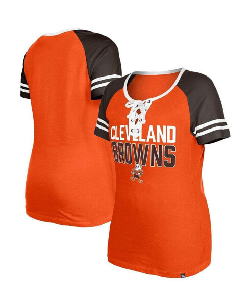 Women's Orange Distressed Cleveland Browns Throwback Raglan Lace-Up T-shirt