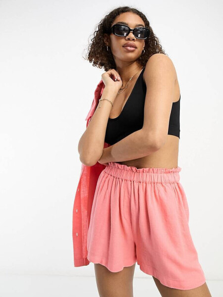 River Island co-ord elasticated waist linen short in pink