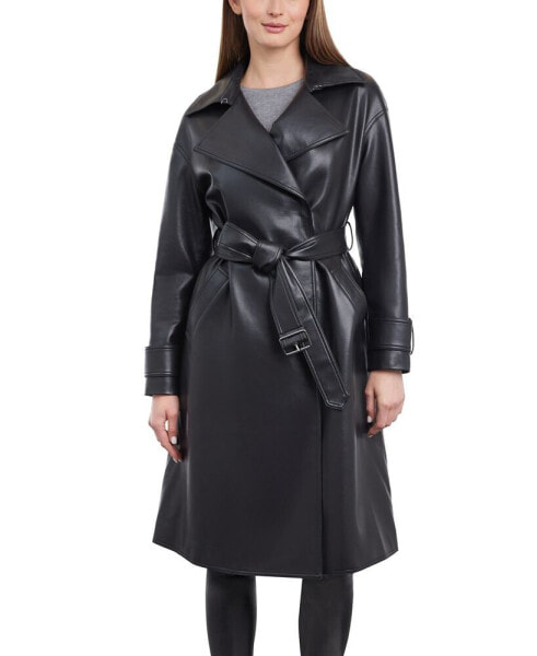 Women's Faux-Leather Belted Trench Coat